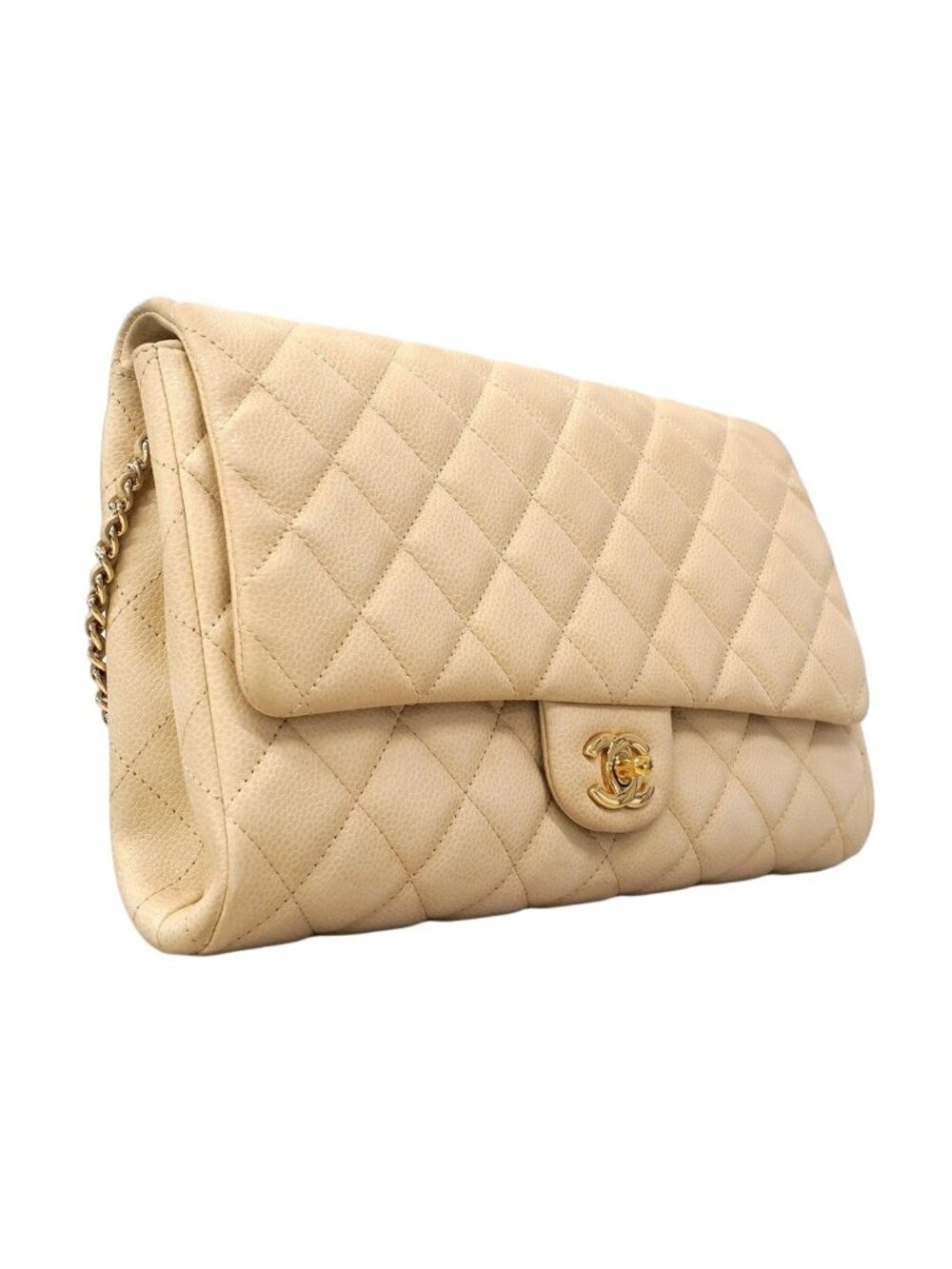 Chanel Shoulder Bag Quilted Caviar Leather Ivory Champagne Gold
